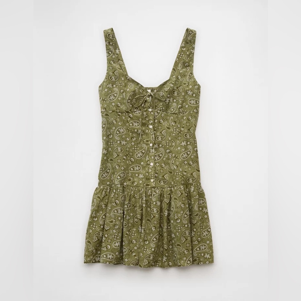 AE Drop Waist Corset Mini Dress Olive Green Paisley Boho Tie Front M